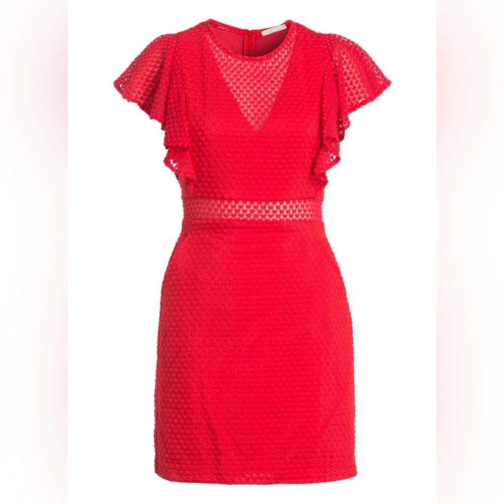Maje Red Dress Roucoul Lace Heart embroidered Mini ruffle sleeve size 2